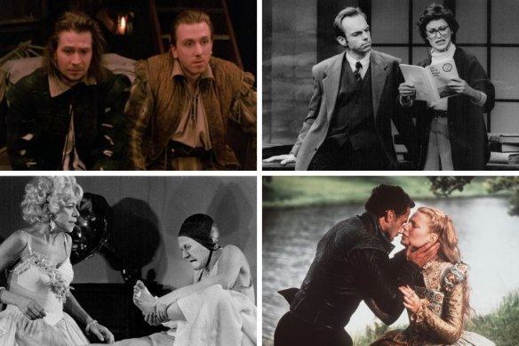 Clockwise from top left: Gary Oldman and Tim Roth in the film version of Rosencrantz and Guildenstern Are Dead; Hugo Weaving and Linda Cropper in a local production of Arcadia; Joseph Fiennes and Gwyneth Paltrow in Shakespeare in Love; Judith McGrath and Julie Forsyth in After Magritte.