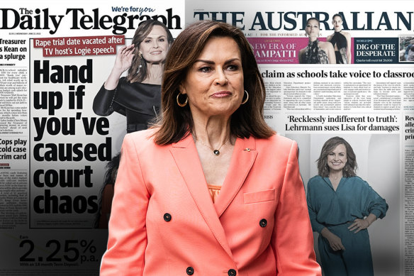 Lisa Wilkinson outside the Federal Court during Bruce Lehrmann’s defamation case, and two of the headlines in the News Corp press about her Logies speech and the Lehrmann lawsuit.
