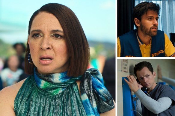 Clockwise, from left: Maya Rudolph in Loot, Cooper Raiff in Cha Cha Real Smooth and Taron Egerton in Black Bird.