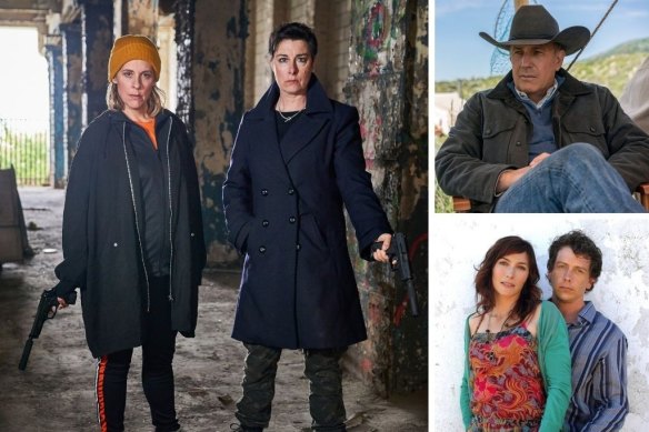 Clockwise, from main: Mel Giedroyc and Sue Perkins in Hitmen, Kevin Costner in Yellowstone and Claudia Karvan and Ben Mendelsohn in Love My Way.