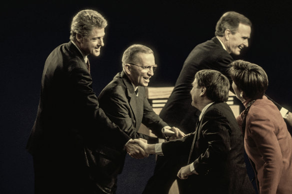 Magnate Ross Perot (centre), as a presidential candidate, with Democratic candidate Bill Clinton (left) and incumbent president George H. W. Bush (right) in a TV debate in 1992.   