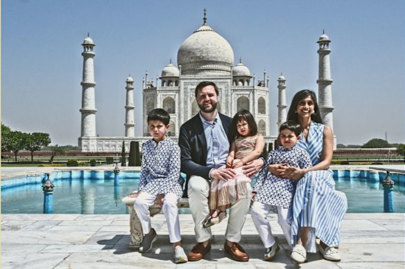 JD and Usha Vance with their children at the Taj Mahal in Agra, India in 2025.