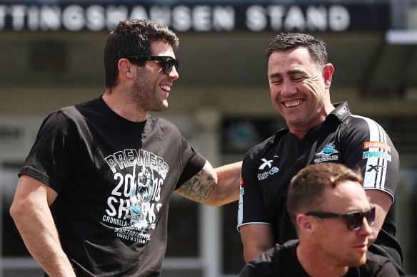 Michael Ennis and Shane Flanagan after the Sharks’ 2016 premiership win.