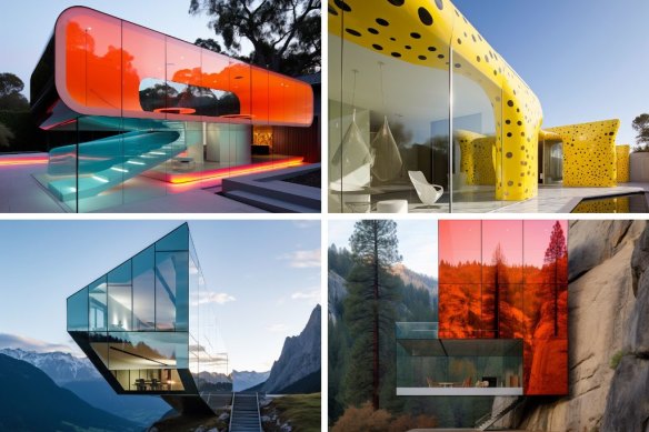 AI-generated architecture by Niel Leach: Orange Blob; Yayoi Kusama Yellow; Red Box Yosemite; Koolhaas Alps 3. Instagram @neilleach14