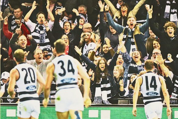 The jubilation is plain to see after Cats captain Joel Selwood, right, takes decisive action, kicking a winning goal in the final moments of a 2014 game against Carlton. 
 

