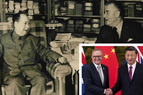 Gough Whitlam with Chairman Mao in 1973 and, inset, Anthony Albanese with Xi Jinping last year. What will the Australian prime minister tell China’s leader when they meet on Monday?