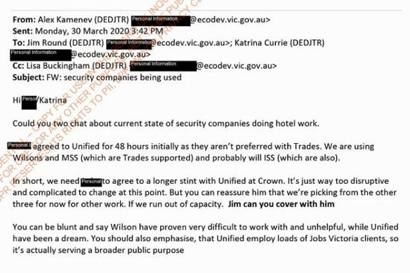 Department secretary Alex Kamenev advises Katrina Currie what to tell Trades Hall after concerns were raised about Unified Security.