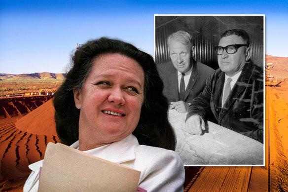 Gina Rinehart and her company Hancock Prospecting, started by her father Lang (inset far right), is defending claims to its Hope Downs iron ore tenement in the Pilbara from Wright Prospecting, started by Peter Wright (inset left).