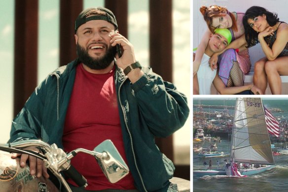 Clockwise from main: Mo Amer in the Netflix series Mo, James Majoos, Chloe Hayden and Ayesha Madon in Heartbreak High and Untold: The Race of the Century.