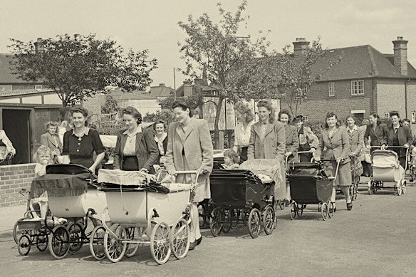 A parade of prams heading for the baby welfare clinic in Welling, Kent, in 1946. 