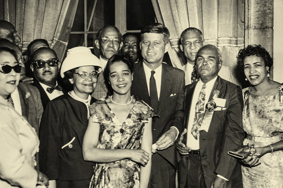 John F. Kennedy with delegates at the Democratic National Convention in LA in 1960.  