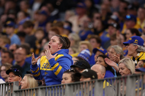 A fan reacts during the round 13 match between West Coast and the Kangaroos at Optus Stadium on June 8. 