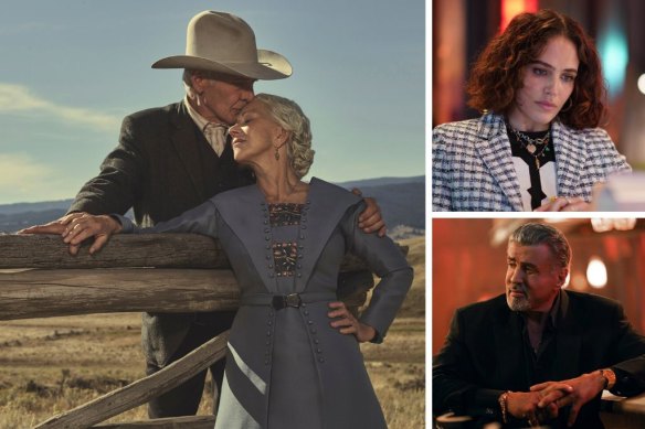 Clockwise from main: Harrison Ford and Helen Mirren in 1923, Jessica Brown Findlay in The Flatshare and Sylvester Stallone in Tulsa King.