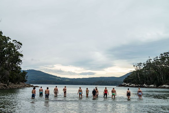 Guests taking the plunge in Tasmanian waters with Onboard Expeditions.