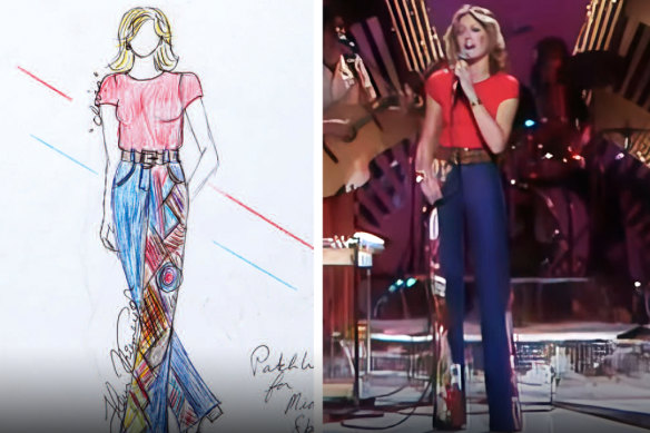 Thiemeyer’s design (left) for Newton-John’s outfit (right) when she hosted NBC’s The Midnight Special in 1975.