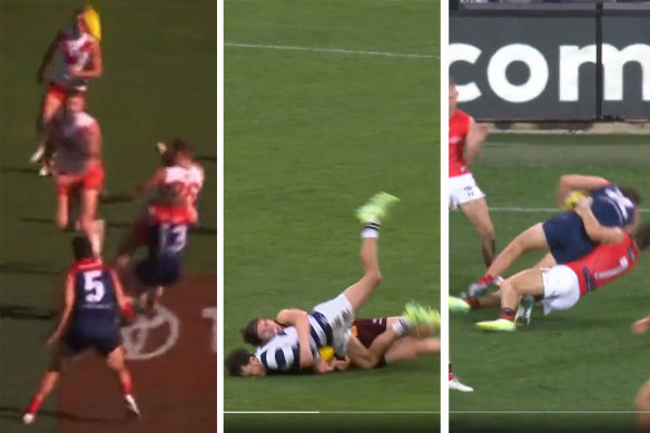 Fierce tackles: Clayton Oliver, Will Day and Zach Merrett.