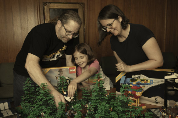 Siblings Rod and Deonie Fiford and Deonie’s daughter, Niamh, with one of Rod’s Lego creations.