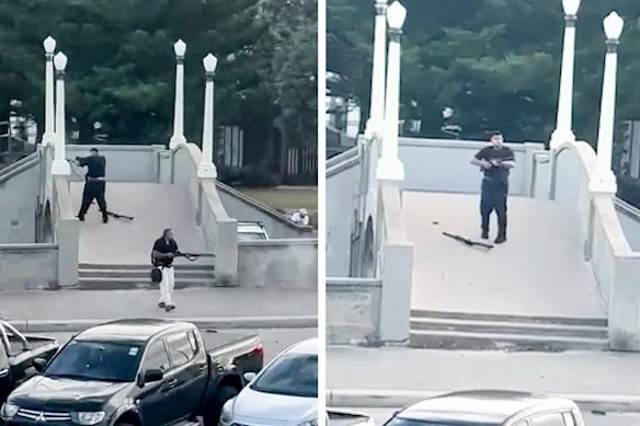 Sajid and Naveed Akram (in black trousers) at Bondi Beach on December 14.