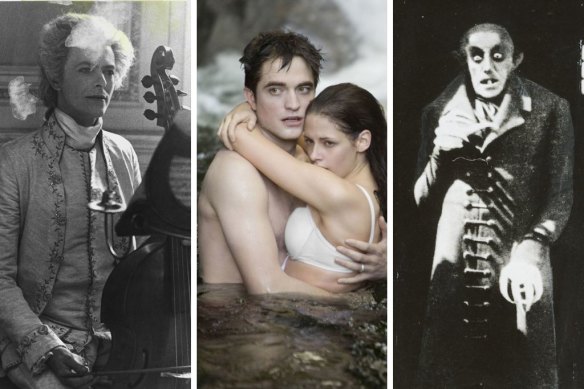 From left, David Bowie in The Hunger; Robert Pattison and Kristen Stewart in Twilight; Max Schreck in Nosferatu.