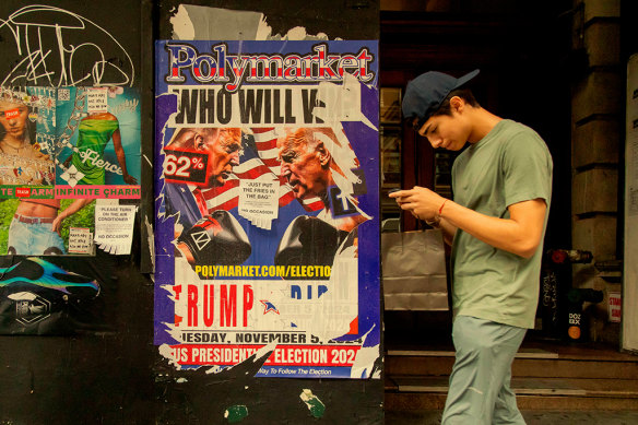 A Polymarket advertisement in New York in July, before Joe Biden bowed out of the presidential race.