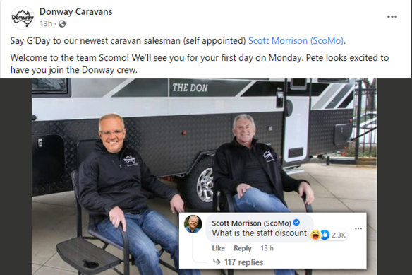 Morrison responds to a caravan dealer’s meme. 