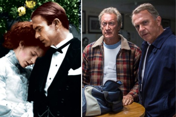 Neill with Judy Davis in My Brilliant Career (1979) and, right, with Bryan Brown in the TV series Old School (2014).
