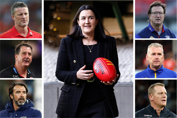 AFL football boss Laura Kane (centre) has had to respond to a series of complaints from senior coaches, including (left, top to bottom) Damien Hardwick (Gold Coast), Ross Lyon (St Kilda), Chris Scott (Geelong) and (right) Luke Beveridge (Western Bulldogs), Adam Simpson (West Coast) and Michael Voss (Carlton).