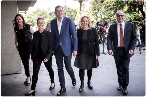 (L to R) Jaclyn Symes, Gabrielle Williams, Daniel Andrews, Melissa Horne and Adem Somyurek.