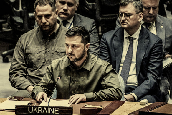 Volodymyr Zelensky implores the Security Council to take steps to halt Russia’s war against Ukraine. 