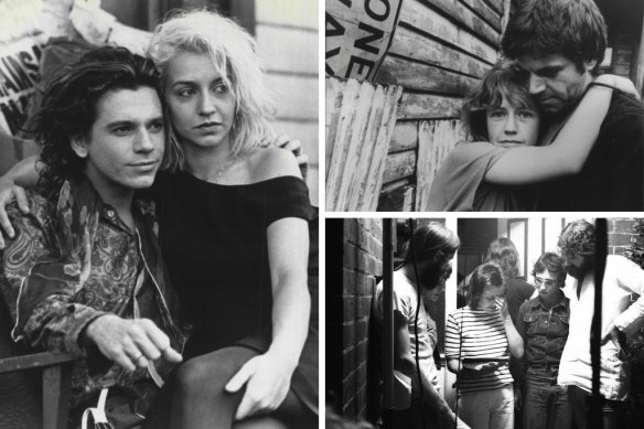 From left, Michael Hutchence and Saskia Post in Dogs in Space; Noni Hazlehurst and Colin Friels in Monkey Grip; Helen Garner on the set of Pure Shit. 