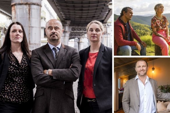 Clockwise, from main: The Detectives, Aaron Pedersen and Holly Ringland in Back to Nature and Anthony Burke in Restoration Australia.