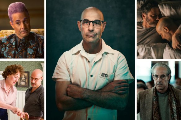 A man for all seasons: Stanley Tucci in, from top left, Hunger Games, Inside Man, Supernova, Worth and Julie & Julia.