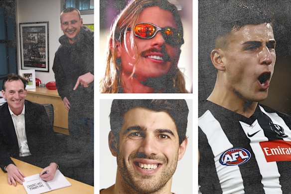 Daniel Gorringe signs a ‘one-day’ contract with AFL CEO Andrew Dillon; Bailey Smith; Nick Daicos; AFL star and chef Christian Petracca.