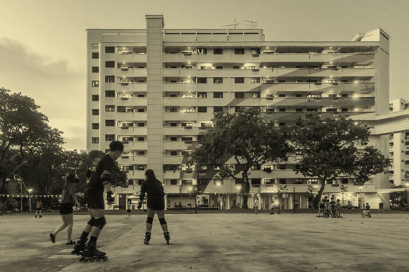 A public residential block in Singapore where most people own their own government-built flat.