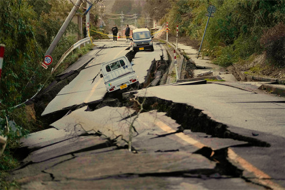 A road in Noto peninsula, facing the Sea of Japan, north-west of Tokyo  after an earthquake in January 2024.