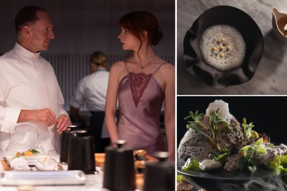 Ralph Fiennes and Anya Taylor-Joy in The Menu and, right, two of the dishes used in the film.