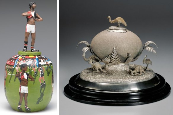 From left, Rona Panangka Rubuntja’s I’m black (Nicky Winmar) 2015; Henry Steiner, Inkwell c. 1880, silver, emu egg, ebonised wood.