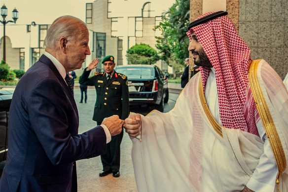 US President Joe Biden and MBS bump fists in Jeddah in July 2022.