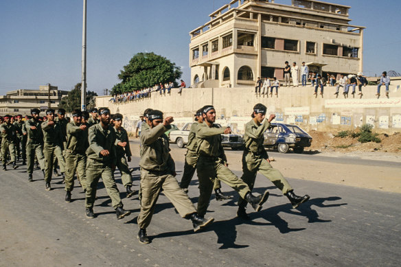 Hezbollah members on parade near Beirut in 1986.