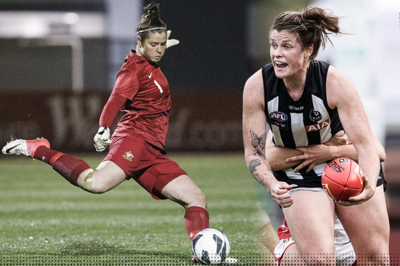 Brianna Davey playing for the Matildas in 2013 (left) and wearing the Collingwood colours.