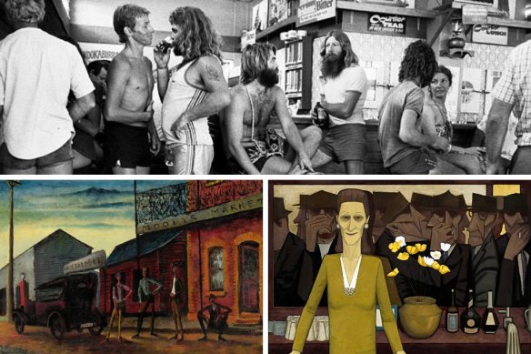 Rennie Ellis pub scene (top); Russell Drysdale’s Moody’s Pub, 1941 (above left); John Brack’s The Bar, 1954 (all details).