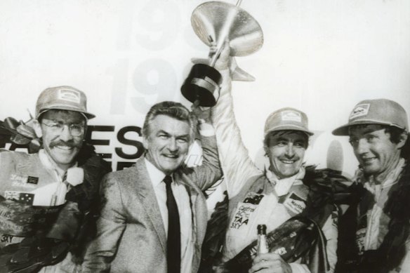 Prime Minister Bob Hawke joins Bathurst winners Larry Perkins, Peter Brock and John Harvey in 1983.