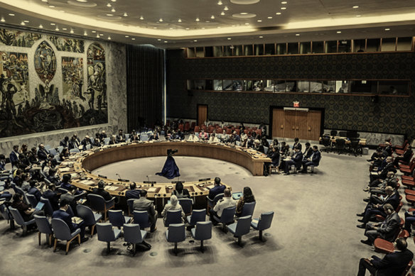 Delegates at a UN Security Council meeting about the war in Gaza on May 29.

