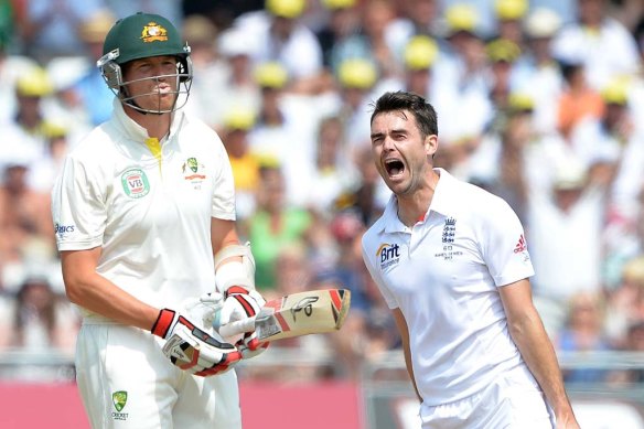 James Anderson celebrates after claiming the wicket of Australia’s Peter Siddle.