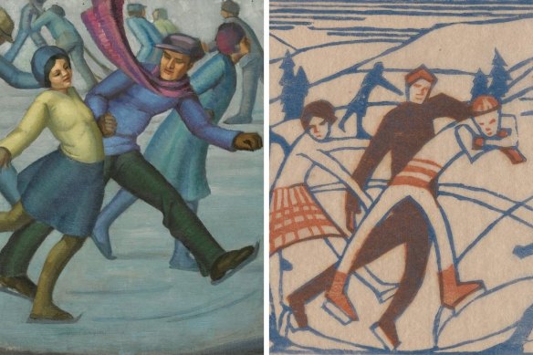 From left, Ethel Spowers, The Skaters, c. 1932 (detail) and Eveline Syme, Skating, 1929 (detail).