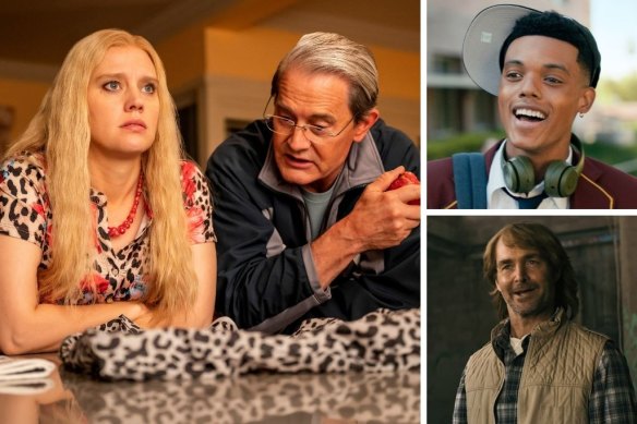 Clockwise from main: Kate McKinnon as Carole Baskin and Kyle MacLachlan as Howard Baskin in Joe vs. Carole, Jabari Banks as Will in Bel-Air and Will Forte in MacGruber.