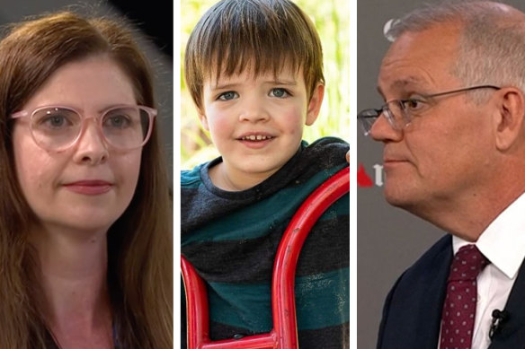 Catherine Yeoman, her son Ethan, and Prime Minister Scott Morrison.