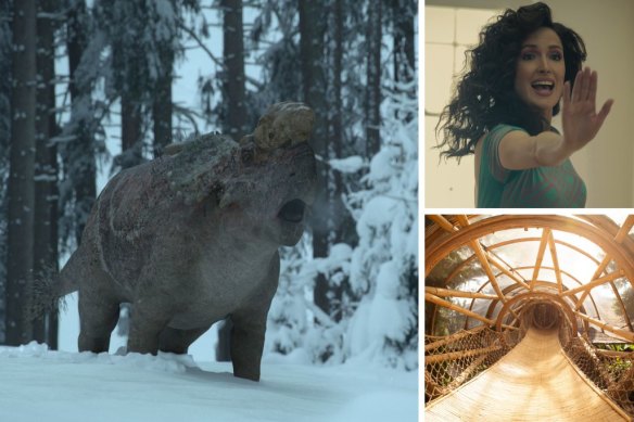 Clockwise from main: Pachyrhinosaurus in Prehistoric Planet, Rose Byrne in Physical and the architectural design series Home.