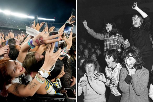 From left, Taylor Swift fans in Argentina last year, and local Beatles fans in 1964. 
