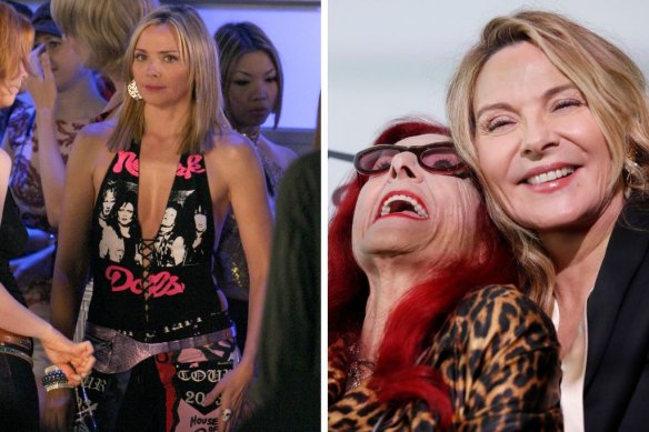 Kim Cattrall, left, wears New York Dolls bootleg, halter-neck, lace-up jumpsuit in Sex and the City: Cattrall with Field in 2022.
